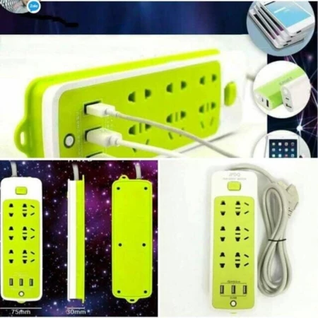 Ổ Cắm Điện Xanh USB Đa Năng Cao Cấp Chống Giật Dây Dài, 6 phích cắm 3 Cổng USB Công Suất 2500W