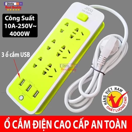 Ổ Cắm Điện Xanh USB Đa Năng Cao Cấp Chống Giật Dây Dài, 6 phích cắm 3 Cổng USB Công Suất 2500W